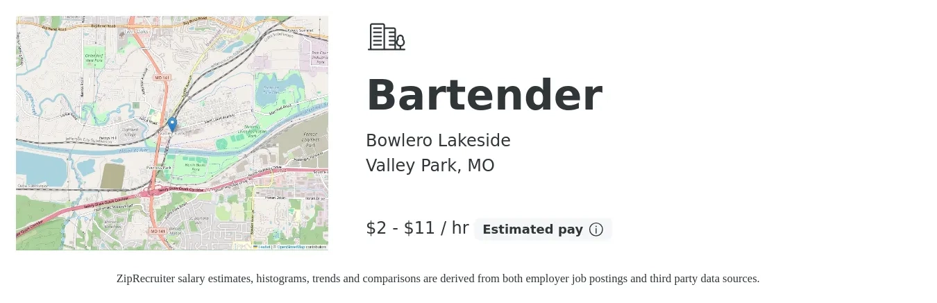 Bowlero Lakeside job posting for a Bartender in Valley Park, MO with a salary of $2 to $12 Hourly with a map of Valley Park location.