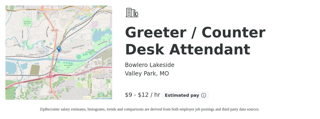 Bowlero Lakeside job posting for a Greeter / Counter Desk Attendant in Valley Park, MO with a salary of $10 to $13 Hourly with a map of Valley Park location.