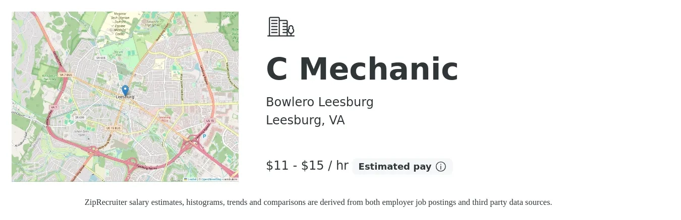 Bowlero Leesburg job posting for a C Mechanic in Leesburg, VA with a salary of $12 to $16 Hourly with a map of Leesburg location.