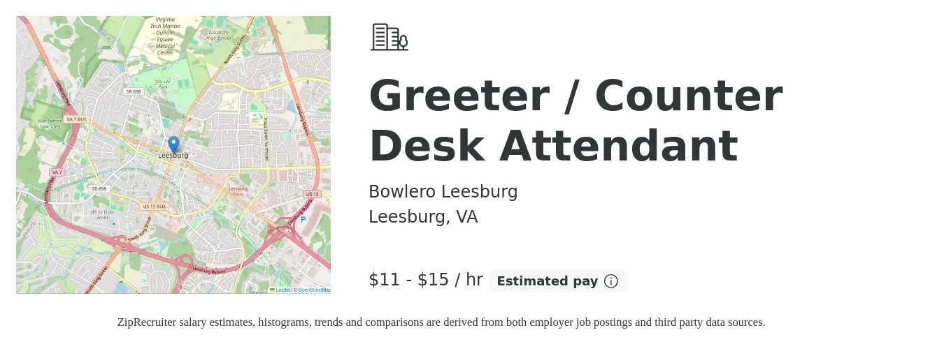 Bowlero Leesburg job posting for a Greeter / Counter Desk Attendant in Leesburg, VA with a salary of $12 to $16 Hourly with a map of Leesburg location.
