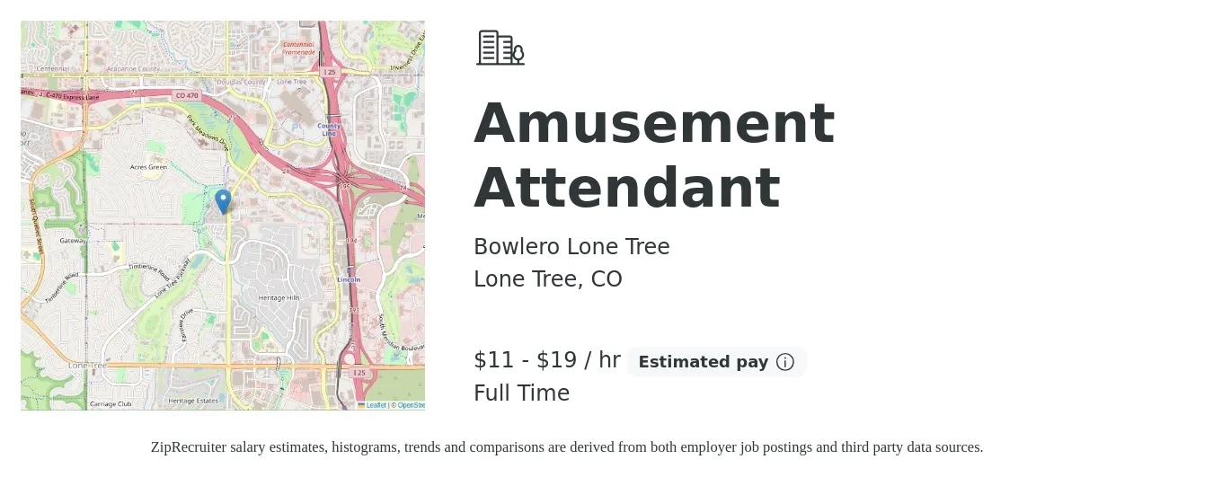 Bowlero Lone Tree job posting for a Amusement Attendant in Lone Tree, CO with a salary of $12 to $20 Hourly with a map of Lone Tree location.