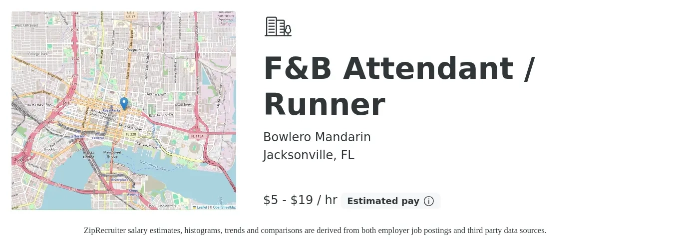 Bowlero Mandarin job posting for a F&B Attendant / Runner in Jacksonville, FL with a salary of $5 to $20 Hourly with a map of Jacksonville location.