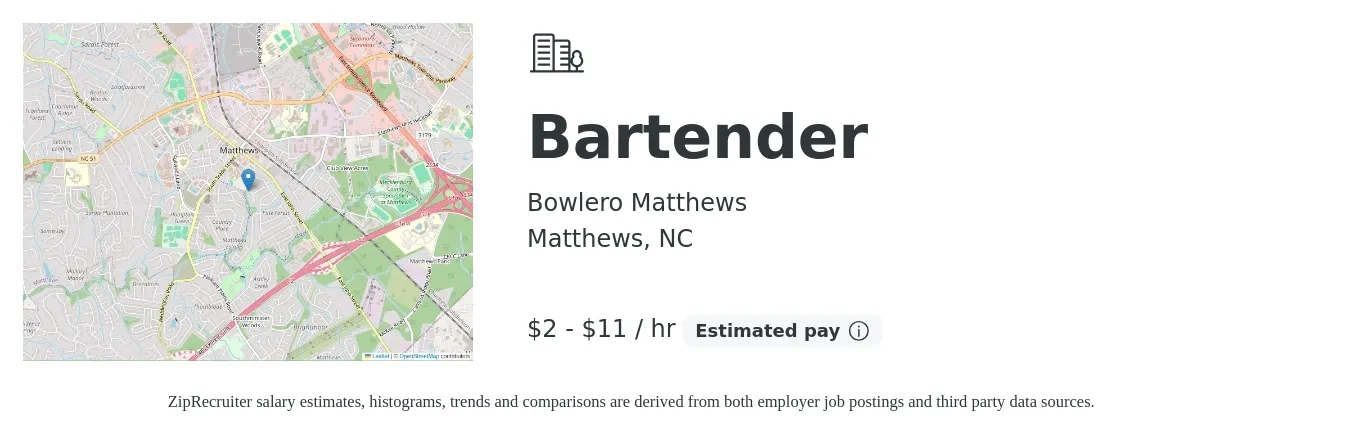 Bowlero Matthews job posting for a Bartender in Matthews, NC with a salary of $2 to $12 Hourly with a map of Matthews location.