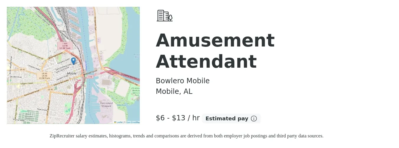 Bowlero Mobile job posting for a Amusement Attendant in Mobile, AL with a salary of $7 to $14 Hourly with a map of Mobile location.