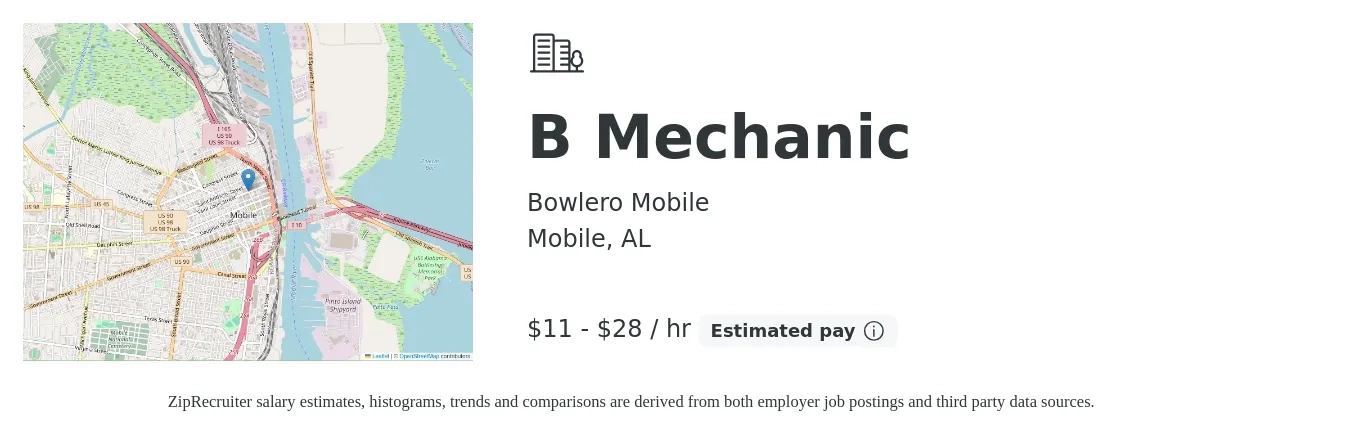 Bowlero Mobile job posting for a B Mechanic in Mobile, AL with a salary of $12 to $30 Hourly with a map of Mobile location.