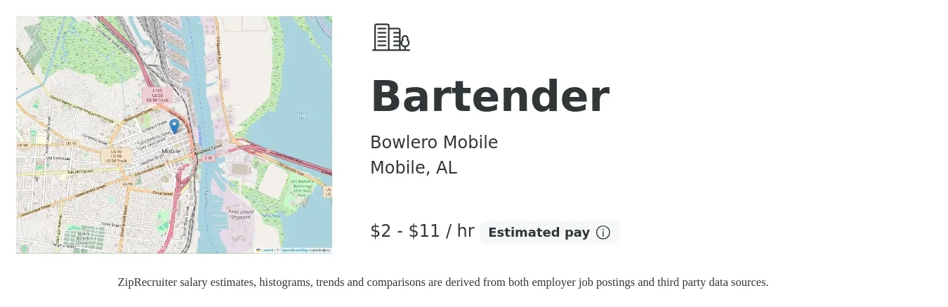 Bowlero Mobile job posting for a Bartender in Mobile, AL with a salary of $2 to $12 Hourly with a map of Mobile location.