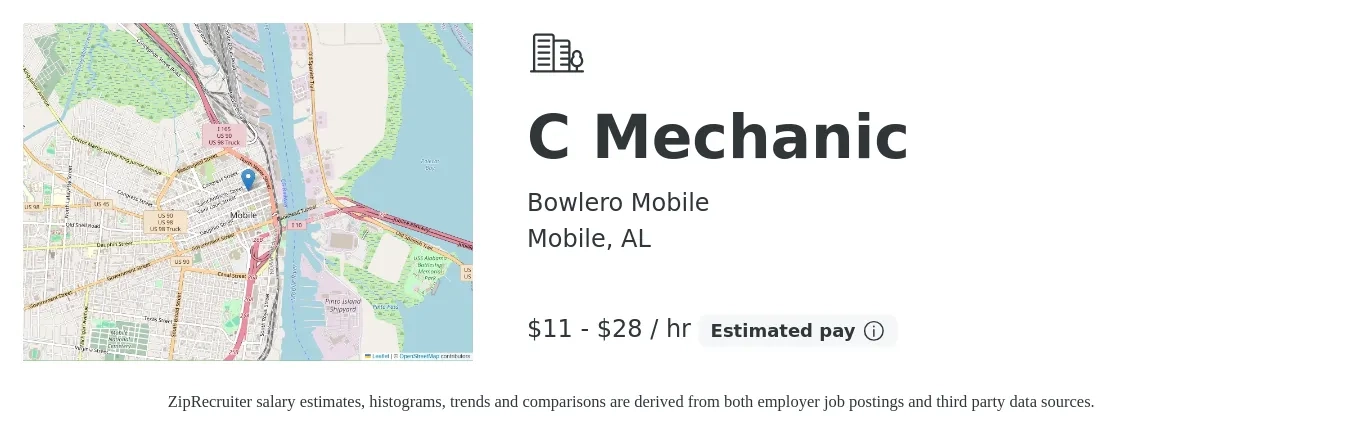 Bowlero Mobile job posting for a C Mechanic in Mobile, AL with a salary of $12 to $30 Hourly with a map of Mobile location.