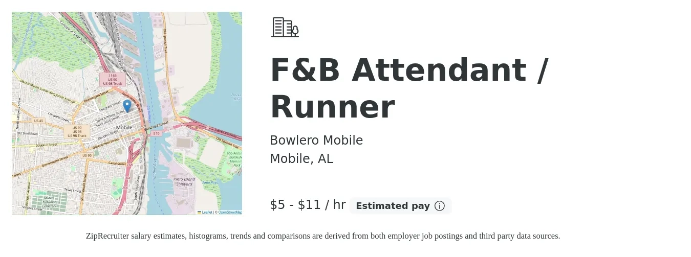 Bowlero Mobile job posting for a F&B Attendant / Runner in Mobile, AL with a salary of $6 to $12 Hourly with a map of Mobile location.