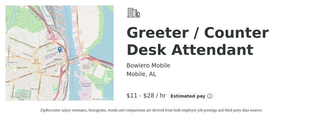 Bowlero Mobile job posting for a Greeter / Counter Desk Attendant in Mobile, AL with a salary of $12 to $30 Hourly with a map of Mobile location.