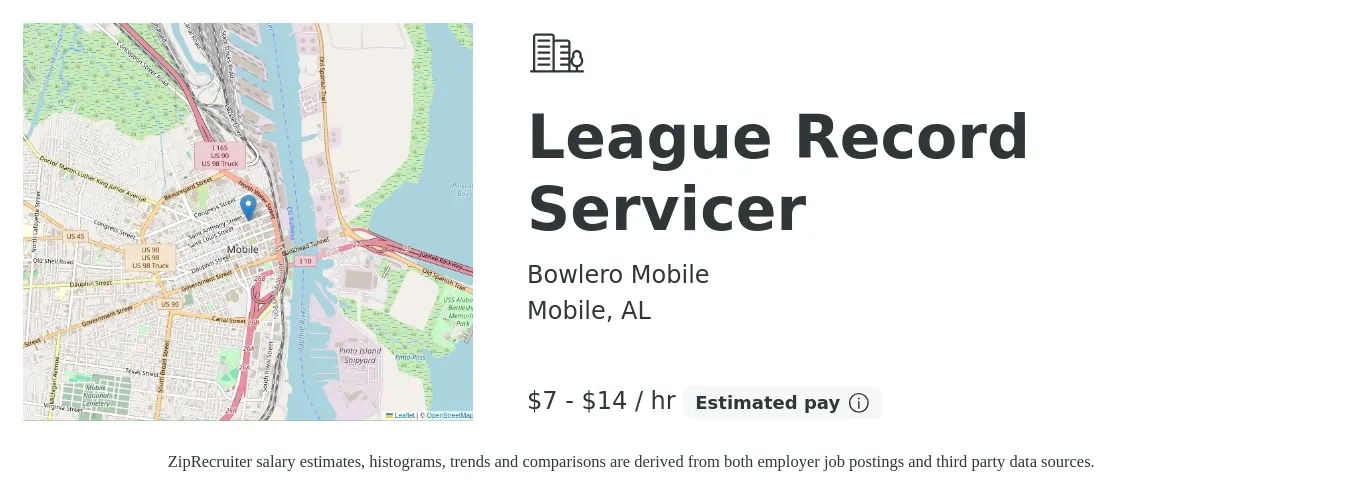 Bowlero Mobile job posting for a League Record Servicer in Mobile, AL with a salary of $8 to $15 Hourly with a map of Mobile location.