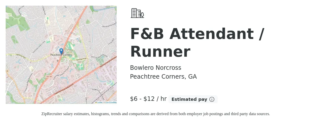 Bowlero Norcross job posting for a F&B Attendant / Runner in Peachtree Corners, GA with a salary of $7 to $13 Hourly with a map of Peachtree Corners location.