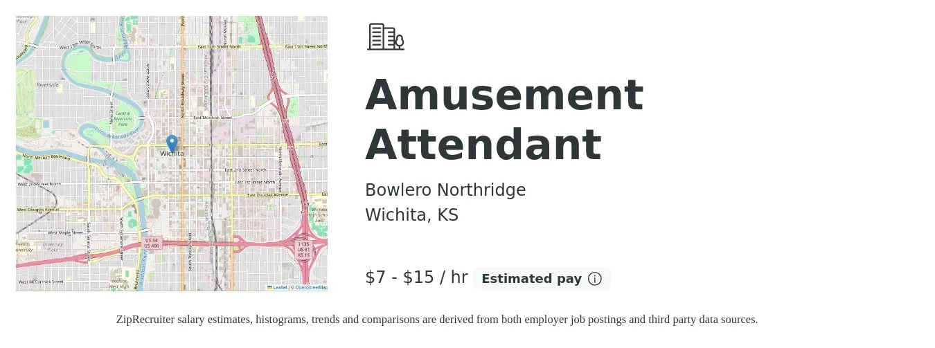 Bowlero Northridge job posting for a Amusement Attendant in Wichita, KS with a salary of $8 to $16 Hourly with a map of Wichita location.