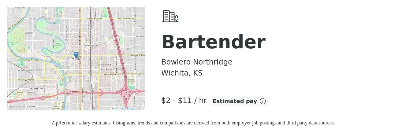 Bowlero Northridge job posting for a Bartender in Wichita, KS with a salary of $2 to $12 Hourly with a map of Wichita location.