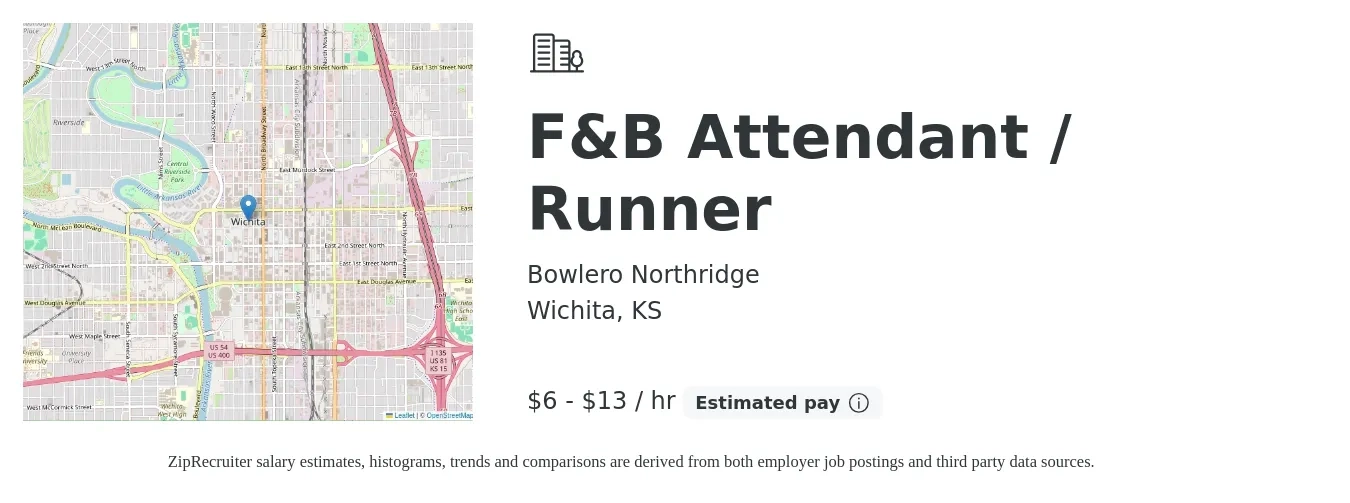 Bowlero Northridge job posting for a F&B Attendant / Runner in Wichita, KS with a salary of $7 to $14 Hourly with a map of Wichita location.
