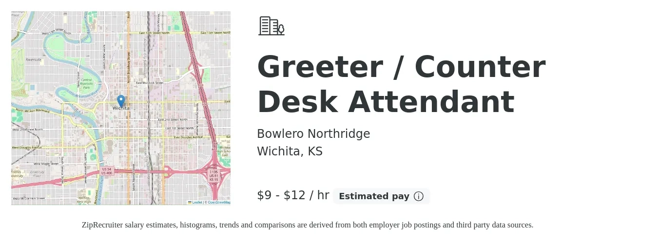 Bowlero Northridge job posting for a Greeter / Counter Desk Attendant in Wichita, KS with a salary of $10 to $13 Hourly with a map of Wichita location.