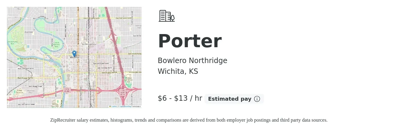 Bowlero Northridge job posting for a Porter in Wichita, KS with a salary of $7 to $14 Hourly with a map of Wichita location.