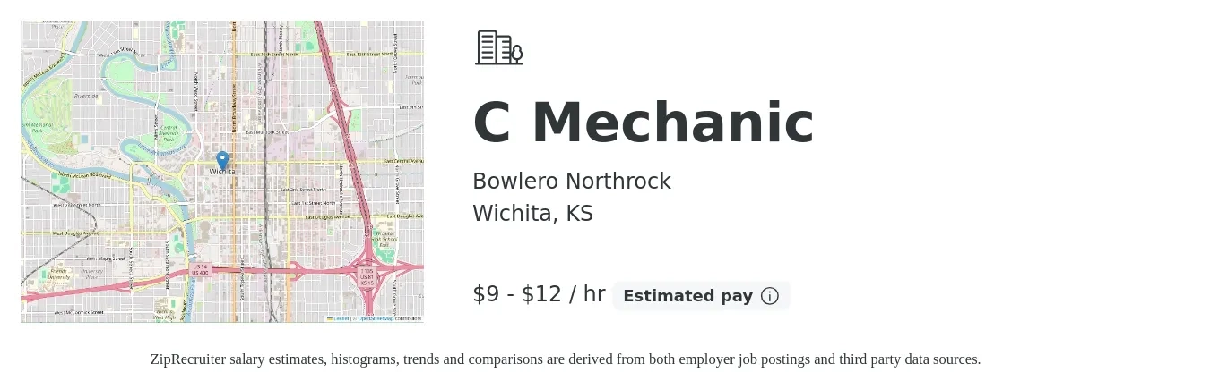Bowlero Northrock job posting for a C Mechanic in Wichita, KS with a salary of $10 to $13 Hourly with a map of Wichita location.