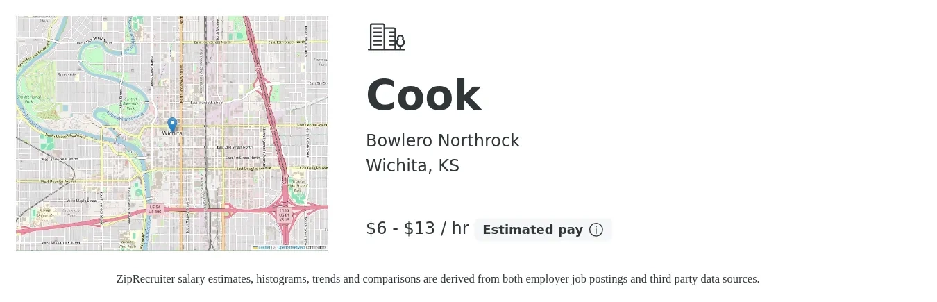 Bowlero Northrock job posting for a Cook in Wichita, KS with a salary of $7 to $14 Hourly with a map of Wichita location.