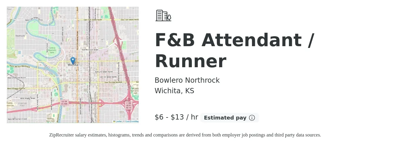 Bowlero Northrock job posting for a F&B Attendant / Runner in Wichita, KS with a salary of $7 to $14 Hourly with a map of Wichita location.