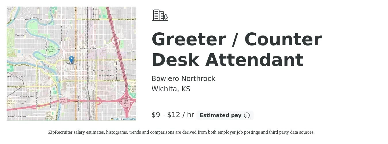 Bowlero Northrock job posting for a Greeter / Counter Desk Attendant in Wichita, KS with a salary of $10 to $13 Hourly with a map of Wichita location.