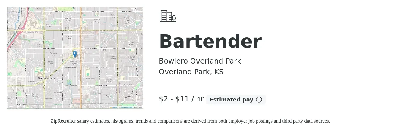Bowlero Overland Park job posting for a Bartender in Overland Park, KS with a salary of $2 to $12 Hourly with a map of Overland Park location.