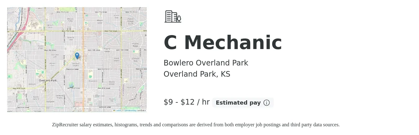 Bowlero Overland Park job posting for a C Mechanic in Overland Park, KS with a salary of $10 to $13 Hourly with a map of Overland Park location.