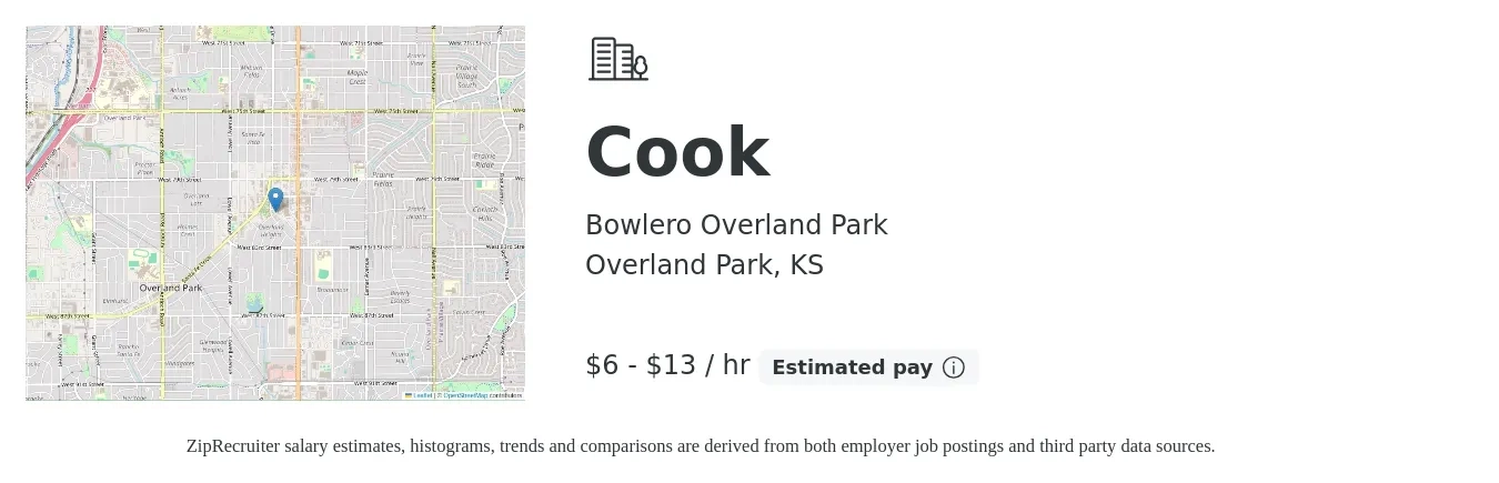 Bowlero Overland Park job posting for a Cook in Overland Park, KS with a salary of $7 to $14 Hourly with a map of Overland Park location.