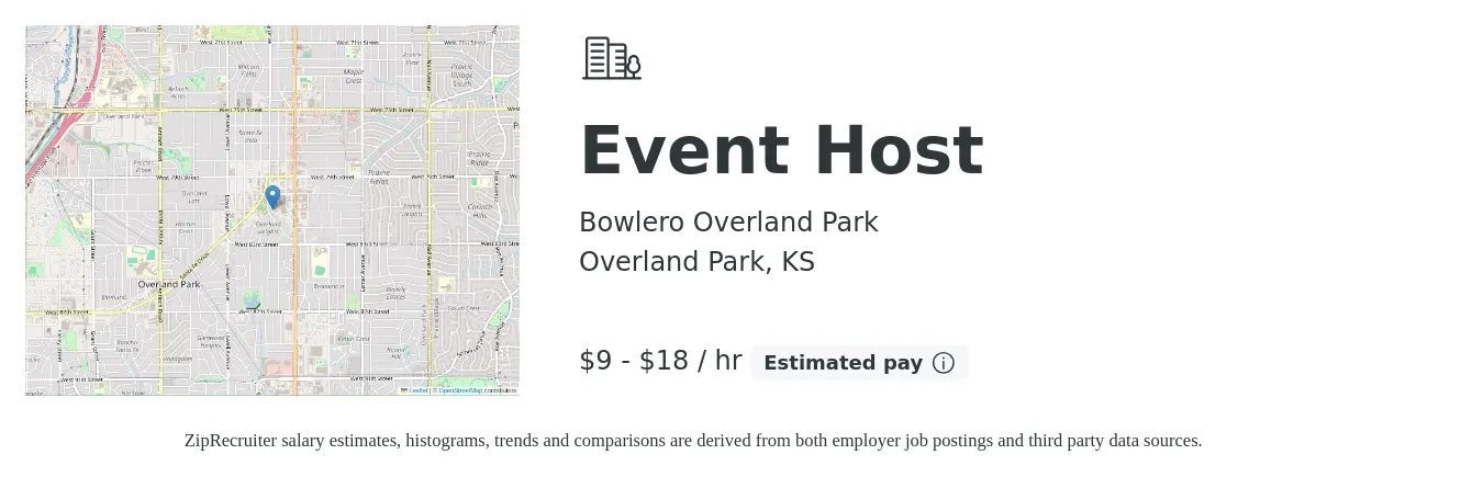 Bowlero Overland Park job posting for a Event Host in Overland Park, KS with a salary of $9 to $19 Hourly with a map of Overland Park location.