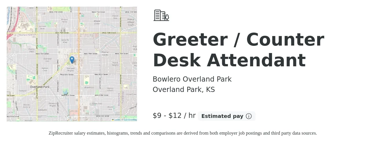 Bowlero Overland Park job posting for a Greeter / Counter Desk Attendant in Overland Park, KS with a salary of $10 to $13 Hourly with a map of Overland Park location.