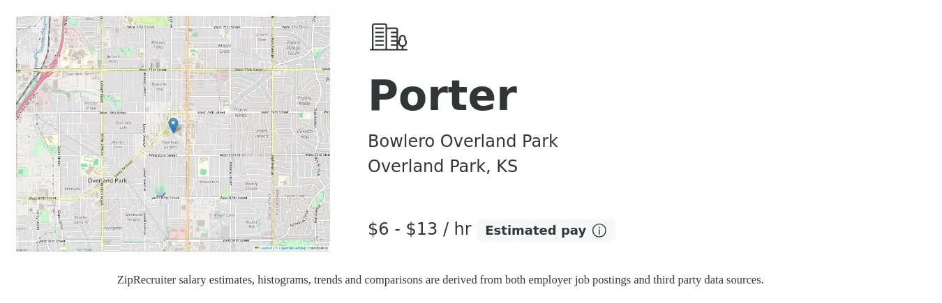 Bowlero Overland Park job posting for a Porter in Overland Park, KS with a salary of $7 to $14 Hourly with a map of Overland Park location.