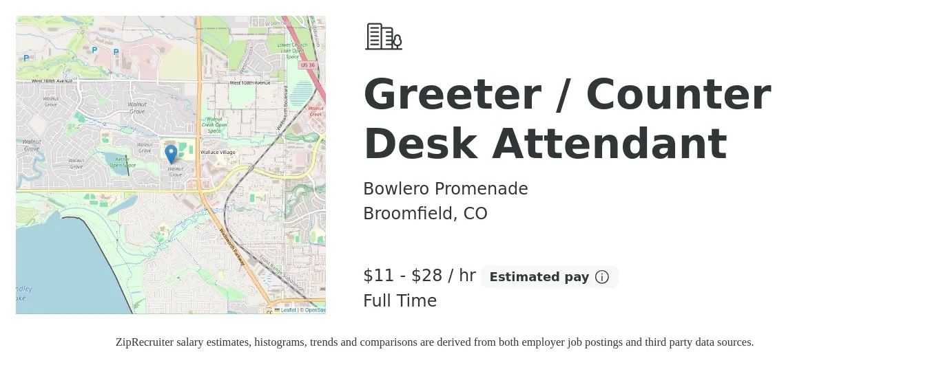 Bowlero Promenade job posting for a Greeter / Counter Desk Attendant in Broomfield, CO with a salary of $12 to $30 Hourly with a map of Broomfield location.