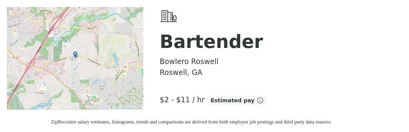 Bowlero Roswell job posting for a Bartender in Roswell, GA with a salary of $2 to $12 Hourly with a map of Roswell location.