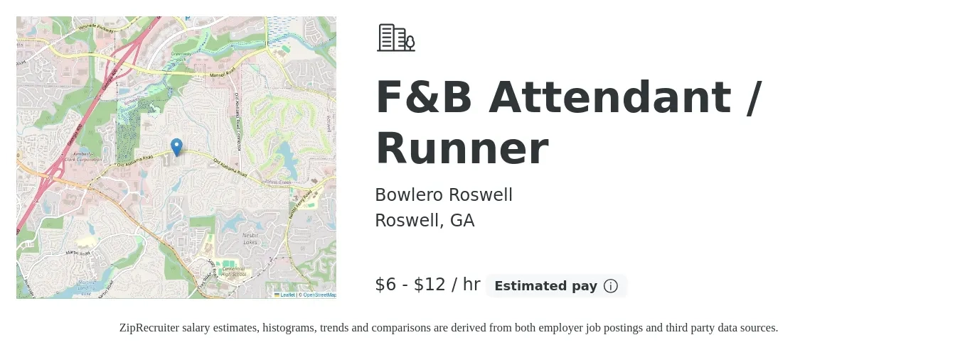 Bowlero Roswell job posting for a F&B Attendant / Runner in Roswell, GA with a salary of $7 to $13 Hourly with a map of Roswell location.