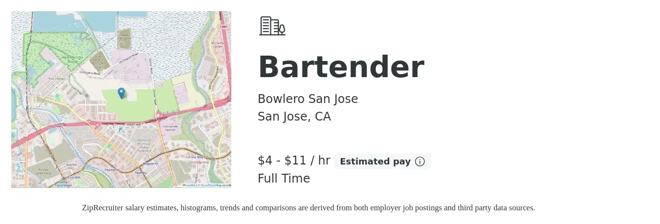Bowlero San Jose job posting for a Bartender in San Jose, CA with a salary of $5 to $12 Hourly with a map of San Jose location.