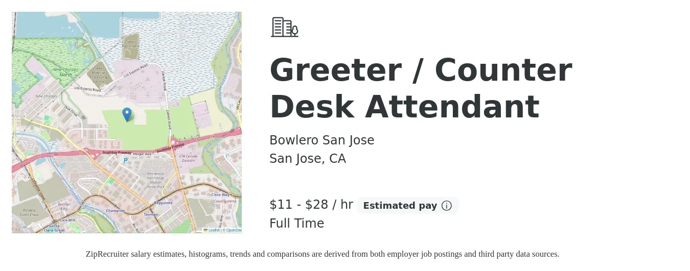 Bowlero San Jose job posting for a Greeter / Counter Desk Attendant in San Jose, CA with a salary of $12 to $30 Hourly with a map of San Jose location.
