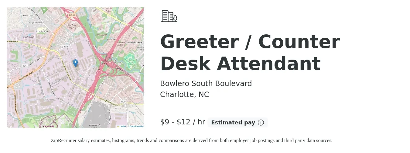 Bowlero South Boulevard job posting for a Greeter / Counter Desk Attendant in Charlotte, NC with a salary of $10 to $13 Hourly with a map of Charlotte location.
