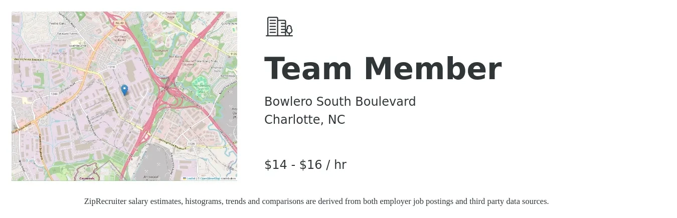 Bowlero South Boulevard job posting for a Team Member in Charlotte, NC with a salary of $15 to $17 Hourly with a map of Charlotte location.