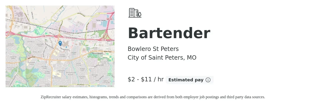 Bowlero St Peters job posting for a Bartender in City of Saint Peters, MO with a salary of $2 to $12 Hourly with a map of City of Saint Peters location.
