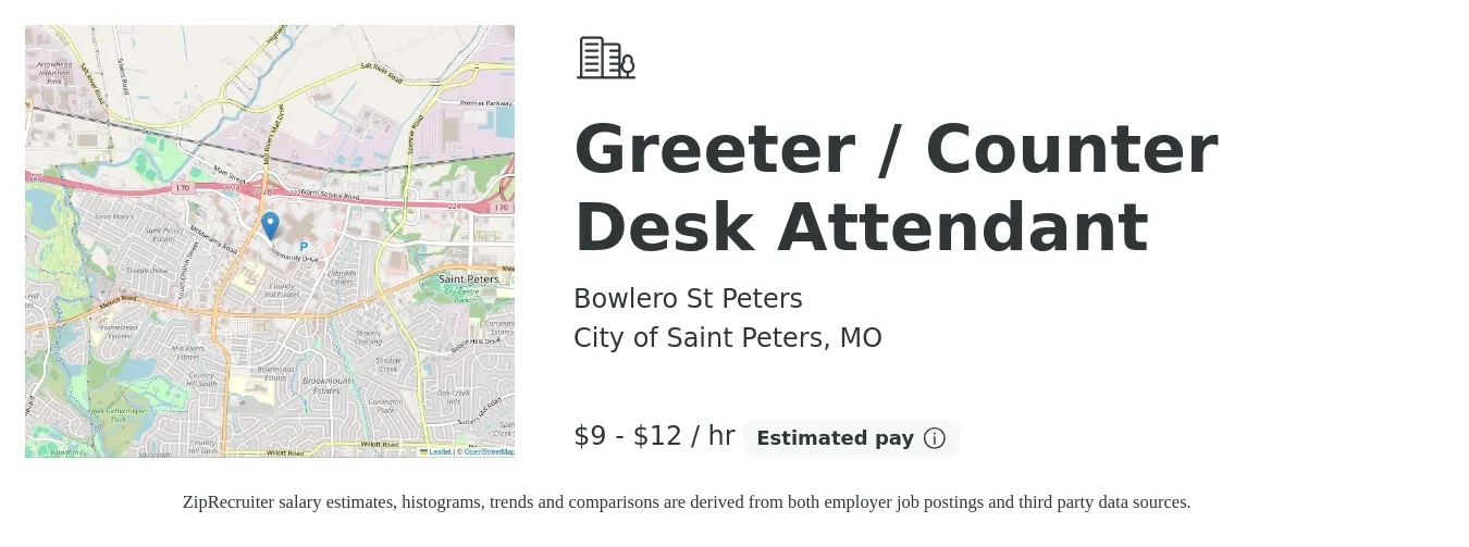 Bowlero St Peters job posting for a Greeter / Counter Desk Attendant in City of Saint Peters, MO with a salary of $10 to $13 Hourly with a map of City of Saint Peters location.