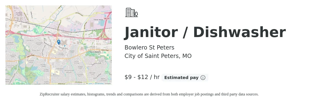Bowlero St Peters job posting for a Janitor / Dishwasher in City of Saint Peters, MO with a salary of $10 to $13 Hourly with a map of City of Saint Peters location.