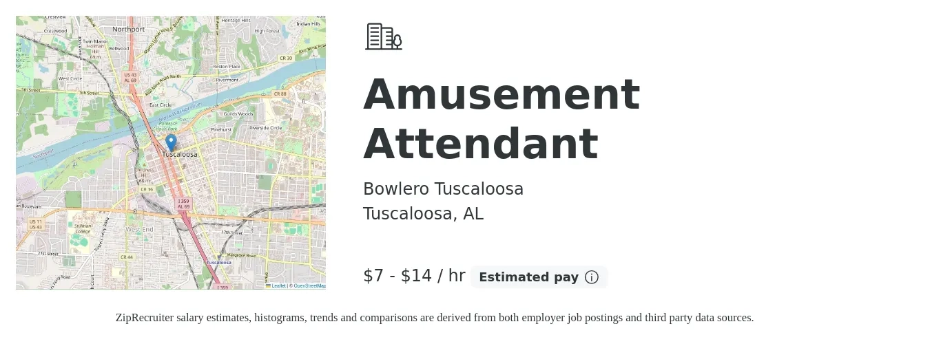 Bowlero Tuscaloosa job posting for a Amusement Attendant in Tuscaloosa, AL with a salary of $8 to $16 Hourly with a map of Tuscaloosa location.