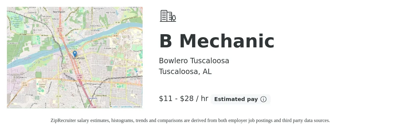 Bowlero Tuscaloosa job posting for a B Mechanic in Tuscaloosa, AL with a salary of $12 to $30 Hourly with a map of Tuscaloosa location.