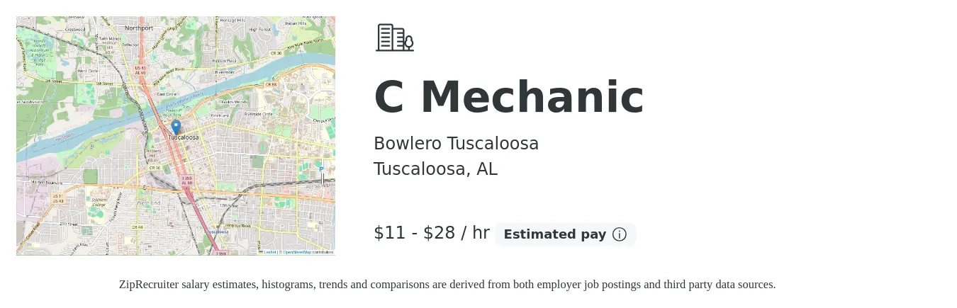 Bowlero Tuscaloosa job posting for a C Mechanic in Tuscaloosa, AL with a salary of $12 to $30 Hourly with a map of Tuscaloosa location.