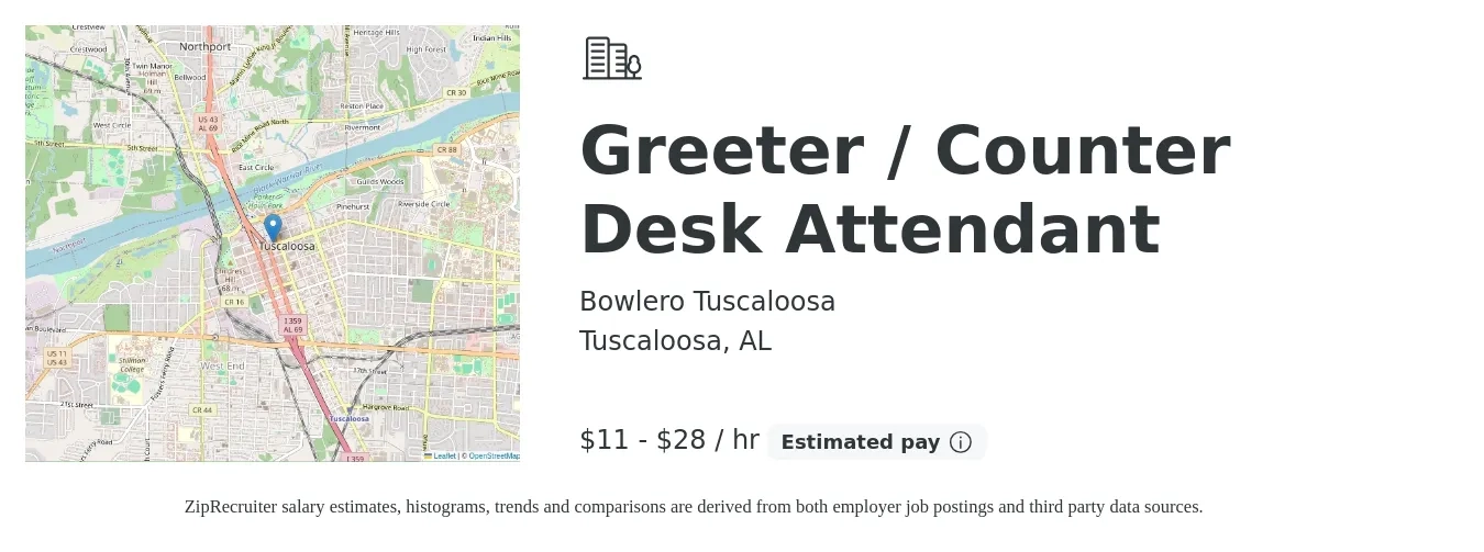 Bowlero Tuscaloosa job posting for a Greeter / Counter Desk Attendant in Tuscaloosa, AL with a salary of $12 to $30 Hourly with a map of Tuscaloosa location.