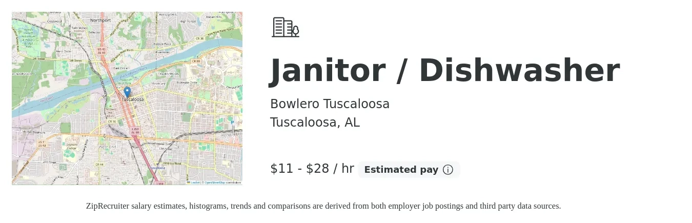 Bowlero Tuscaloosa job posting for a Janitor / Dishwasher in Tuscaloosa, AL with a salary of $12 to $30 Hourly with a map of Tuscaloosa location.