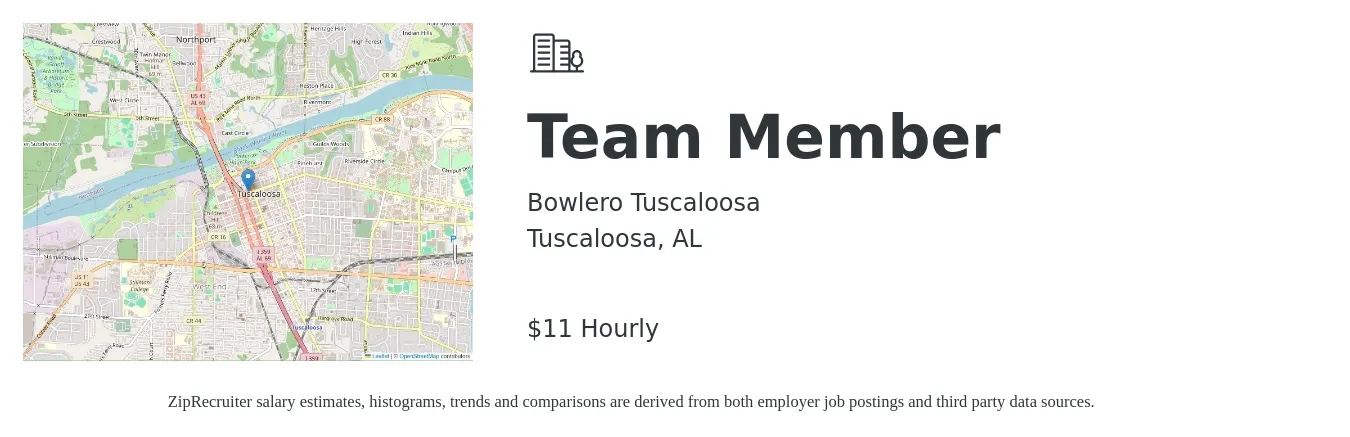 Bowlero Tuscaloosa job posting for a Team Member in Tuscaloosa, AL with a salary of $12 Hourly with a map of Tuscaloosa location.