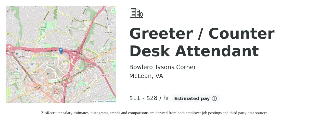 Bowlero Tysons Corner job posting for a Greeter / Counter Desk Attendant in McLean, VA with a salary of $12 to $30 Hourly with a map of McLean location.