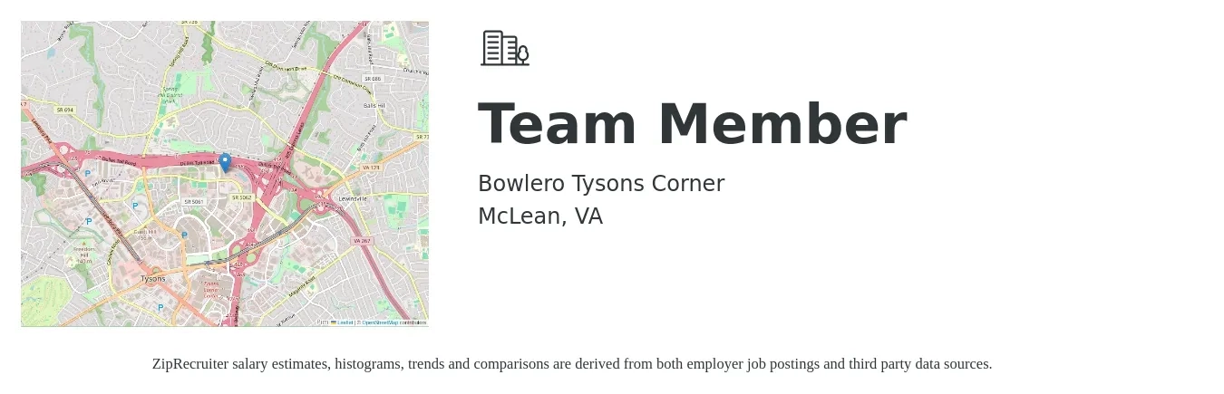 Bowlero Tysons Corner job posting for a Team Member in McLean, VA with a salary of $13 to $17 Hourly with a map of McLean location.