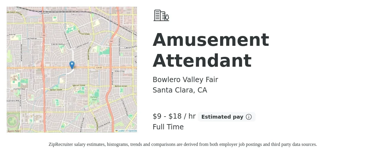 Bowlero Valley Fair job posting for a Amusement Attendant in Santa Clara, CA with a salary of $9 to $19 Hourly with a map of Santa Clara location.