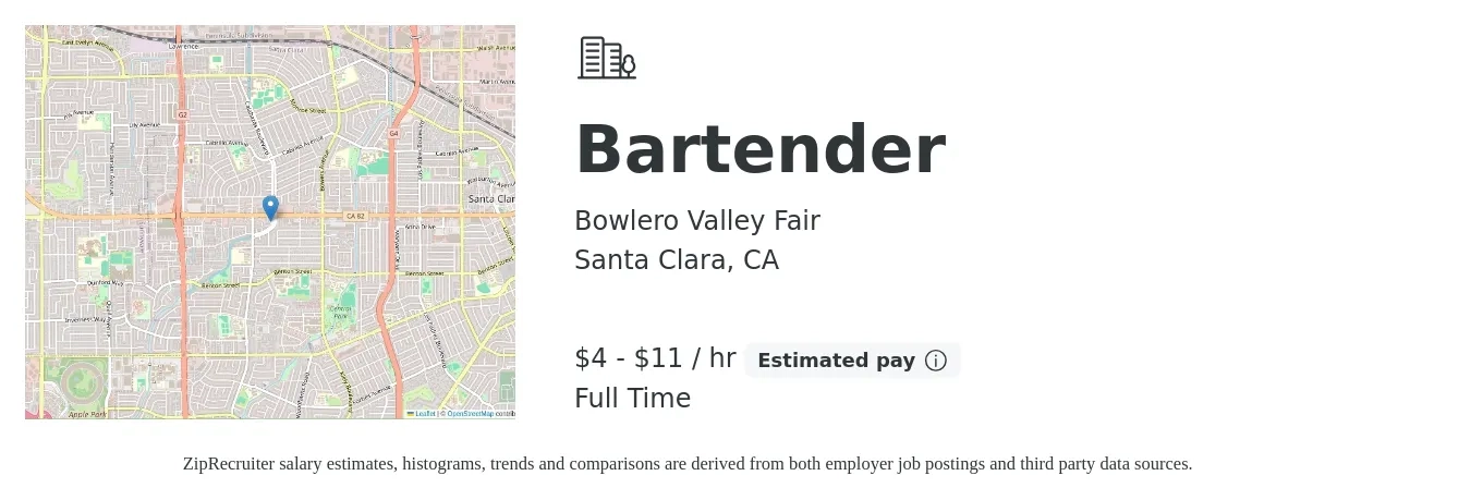 Bowlero Valley Fair job posting for a Bartender in Santa Clara, CA with a salary of $5 to $12 Hourly with a map of Santa Clara location.